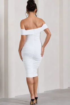 Gratitude | White Off The Shoulder Ruched Midi Dress