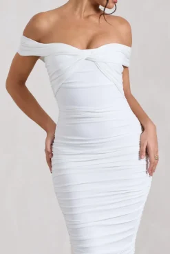 Gratitude | White Off The Shoulder Ruched Midi Dress