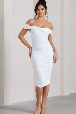 Gratitude | White Off The Shoulder Ruched Midi Dress