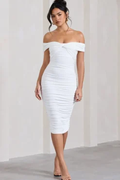 Gratitude | White Off The Shoulder Ruched Midi Dress