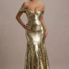 Guest Of Honour | Gold Sequin Bardot Maxi Dress