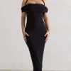 Gwen | Black Bardot Halter-Neck Midi Dress