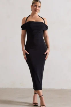 Gwen | Black Bardot Halter-Neck Midi Dress