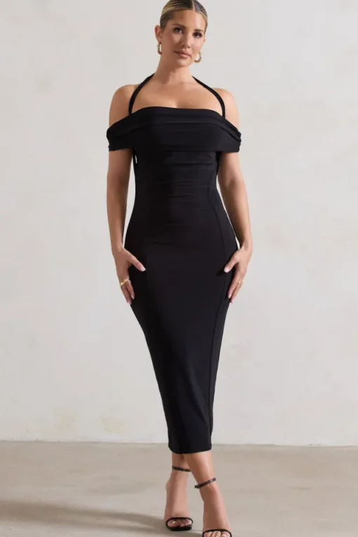 Gwen | Black Bardot Halter-Neck Midi Dress