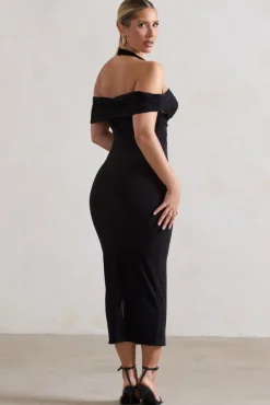 Gwen | Black Bardot Halter-Neck Midi Dress