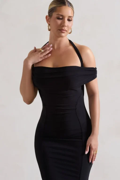 Gwen | Black Bardot Halter-Neck Midi Dress