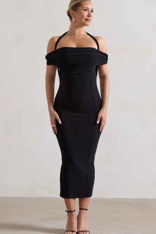 Gwen | Black Bardot Halter-Neck Midi Dress