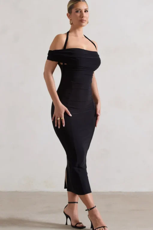 Gwen | Black Bardot Halter-Neck Midi Dress