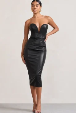 Hailey | Black Faux Leather Strapless Sweetheart Corset Midi Dress