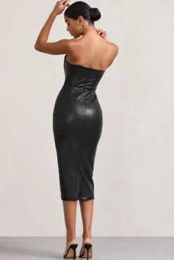 Hailey | Black Faux Leather Strapless Sweetheart Corset Midi Dress