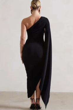Halsey | Black Ruched One Shoulder Cape Sleeve Asymmetric Midi Dress