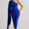 Halsey | Royal Blue Ruched One Shoulder Asymmetric Midi Dress