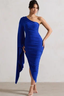 Halsey | Royal Blue Ruched One Shoulder Asymmetric Midi Dress