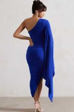 Halsey | Royal Blue Ruched One Shoulder Asymmetric Midi Dress