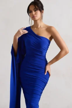 Halsey | Royal Blue Ruched One Shoulder Asymmetric Midi Dress