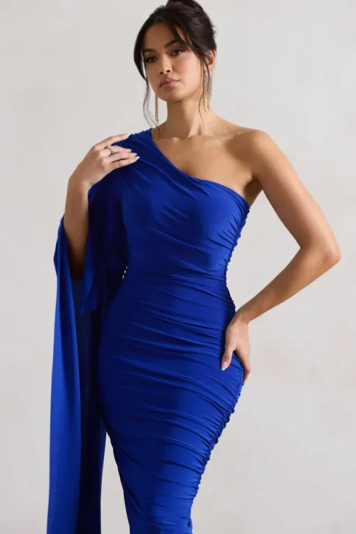 Halsey | Royal Blue Ruched One Shoulder Asymmetric Midi Dress