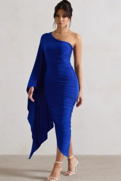 Halsey | Royal Blue Ruched One Shoulder Asymmetric Midi Dress