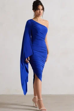 Halsey | Royal Blue Ruched One Shoulder Asymmetric Midi Dress