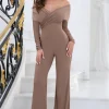 Hand On Heart | Dark Mocha Twist Front Bardot Jumpsuit