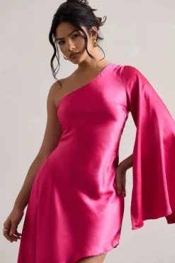 Hanna | Hot Pink One Shoulder Asymmetric Draped Satin Mini Dress