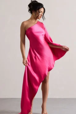 Hanna | Hot Pink One Shoulder Asymmetric Draped Satin Mini Dress