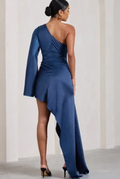 Hanna | Navy One Shoulder Asymmetric Draped Satin Mini Dress