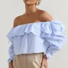 Harbour | Blue Pinstripe Bardot Puff-Sleeve Top With Bows