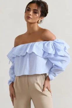Harbour | Blue Pinstripe Bardot Puff-Sleeve Top With Bows