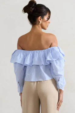 Harbour | Blue Pinstripe Bardot Puff-Sleeve Top With Bows