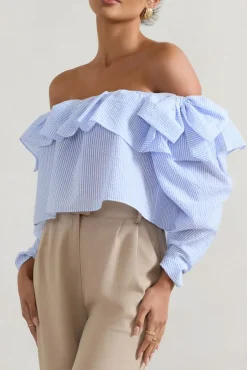 Harbour | Blue Pinstripe Bardot Puff-Sleeve Top With Bows