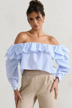 Harbour | Blue Pinstripe Bardot Puff-Sleeve Top With Bows