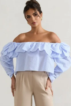 Harbour | Blue Pinstripe Bardot Puff-Sleeve Top With Bows