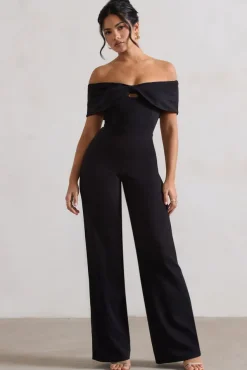 Harleen | Black Bow Bardot Wide-Leg Jumpsuit