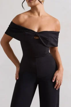 Harleen | Black Bow Bardot Wide-Leg Jumpsuit