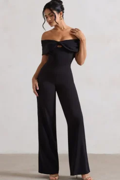 Harleen | Black Bow Bardot Wide-Leg Jumpsuit