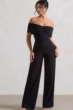 Harleen | Black Bow Bardot Wide-Leg Jumpsuit