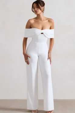 Harleen | White Bow Bardot Wide-Leg Jumpsuit