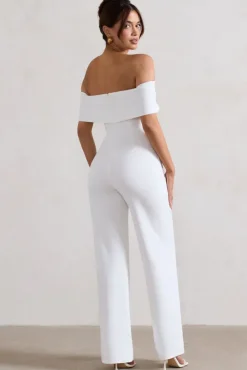 Harleen | White Bow Bardot Wide-Leg Jumpsuit