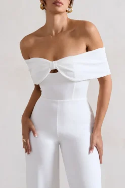 Harleen | White Bow Bardot Wide-Leg Jumpsuit