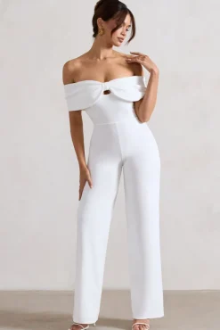 Harleen | White Bow Bardot Wide-Leg Jumpsuit