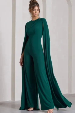 Harley | Bottle Green Straight-Leg Jumpsuit With Cape Sleeves