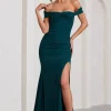 Harmony | Bottle Green Ruched Bardot Split Fishtail Maxi Dress