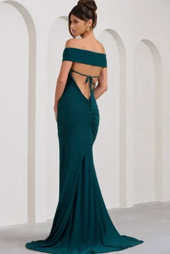 Harmony | Bottle Green Ruched Bardot Split Fishtail Maxi Dress