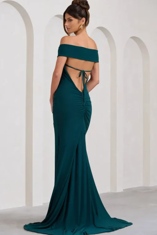 Harmony | Bottle Green Ruched Bardot Split Fishtail Maxi Dress