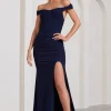 Harmony | Navy Ruched Bardot Split Fishtail Maxi Dress