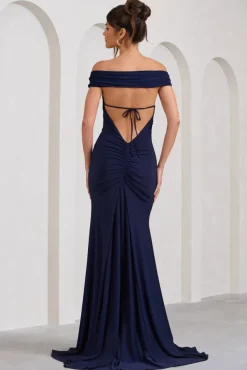 Harmony | Navy Ruched Bardot Split Fishtail Maxi Dress