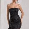 Harper | Black Sequin Bandeau Mini Dress With Feather Trim Drape