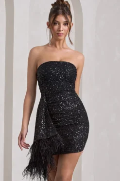 Harper | Black Sequin Bandeau Mini Dress With Feather Trim Drape