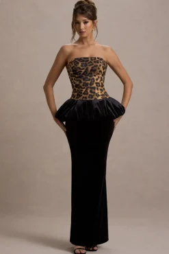 Harriette | Leopard Print Bandeau Maxi Dress With Black Velvet Peplum Skirt