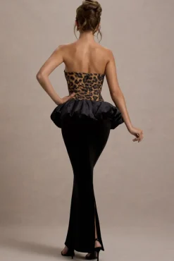 Harriette | Leopard Print Bandeau Maxi Dress With Black Velvet Peplum Skirt